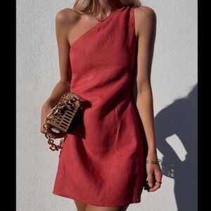 Posse Aubrey One Shoulder Tie Strap Cotton Mini Dress in Jam Red - Medium